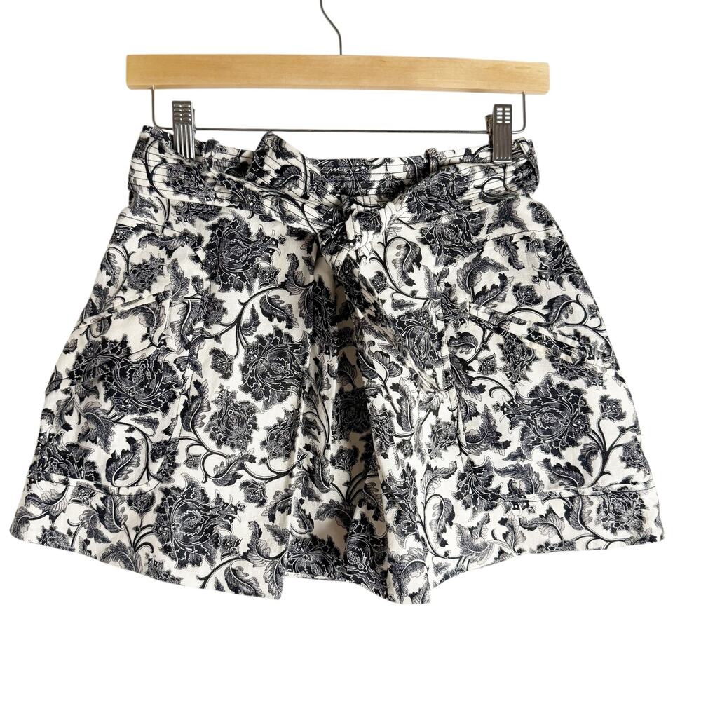 Zimmerman Linen Black White Floral Print Tie Waist A-Line Mini Skirt Size 4